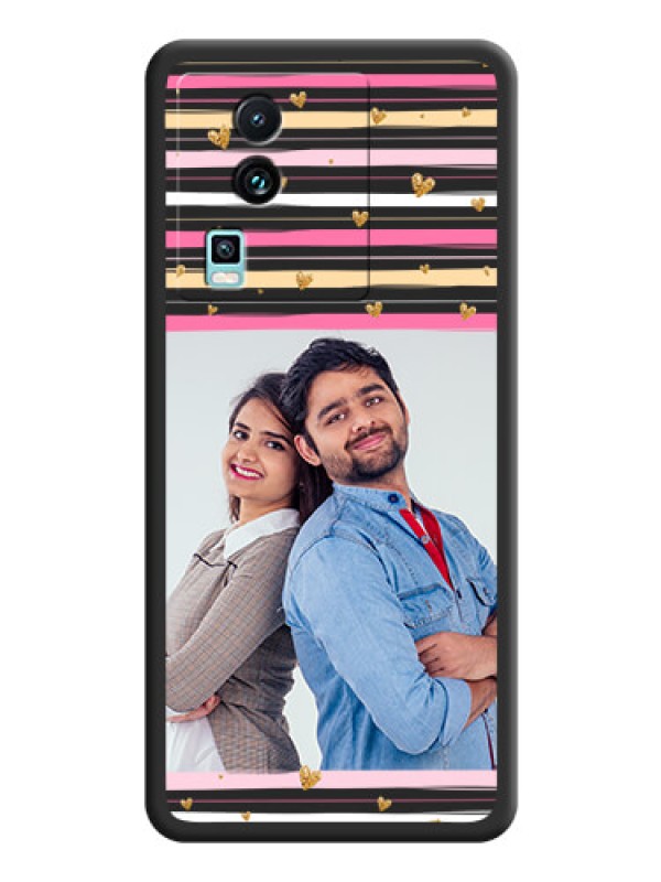Custom Multicolor Lines and Golden Love Symbols Design on Photo on Space Black Soft Matte Mobile Cover - iQOO Neo 7 5G