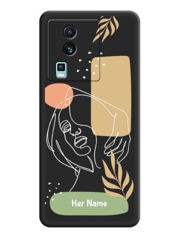 Custom Custom Text With Line Art Of Women & Leaves Design On Space Black Personalized Soft Matte Phone Covers -iQOO Neo 7 Pro 5G