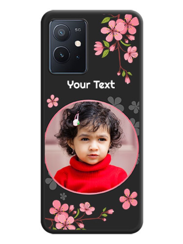 Custom Round Image with Pink Color Floral Design on Photo on Space Black Soft Matte Back Cover - iQOO Z6 5G