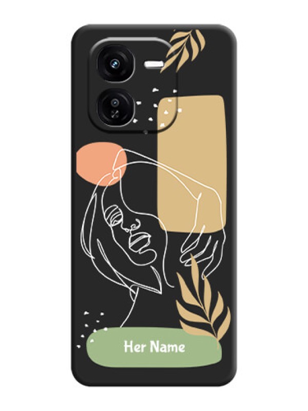 Custom Custom Text With Line Art Of Women & Leaves Design On Space Black Custom Soft Matte Mobile Back Cover - iQOO Z9X 5G