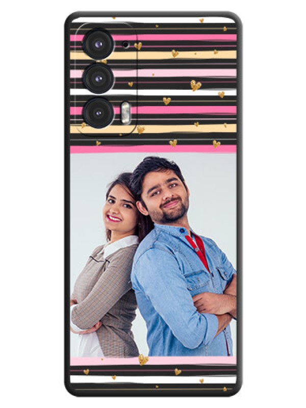 Custom Multicolor Lines and Golden Love Symbols Design on Photo on Space Black Soft Matte Mobile Cover - Motorola Edge 20 5G