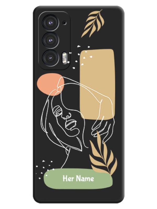 Custom Custom Text With Line Art Of Women & Leaves Design On Space Black Personalized Soft Matte Phone Covers -Motorola Edge 20