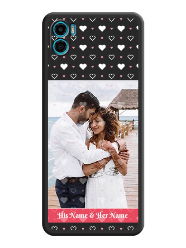 Custom White Color Love Symbols with Text Design on Photo on Space Black Soft Matte Phone Cover - Motorola Moto E22s