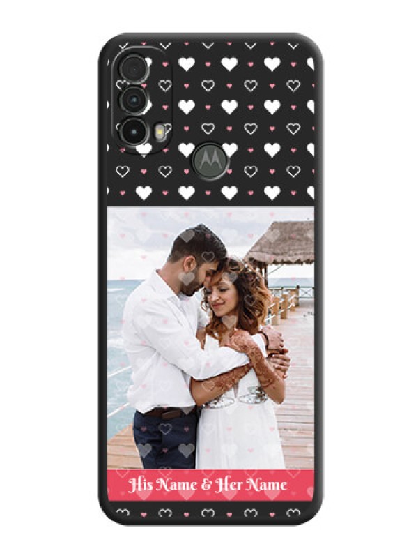 Custom White Color Love Symbols with Text Design on Photo on Space Black Soft Matte Phone Cover - Moto E40