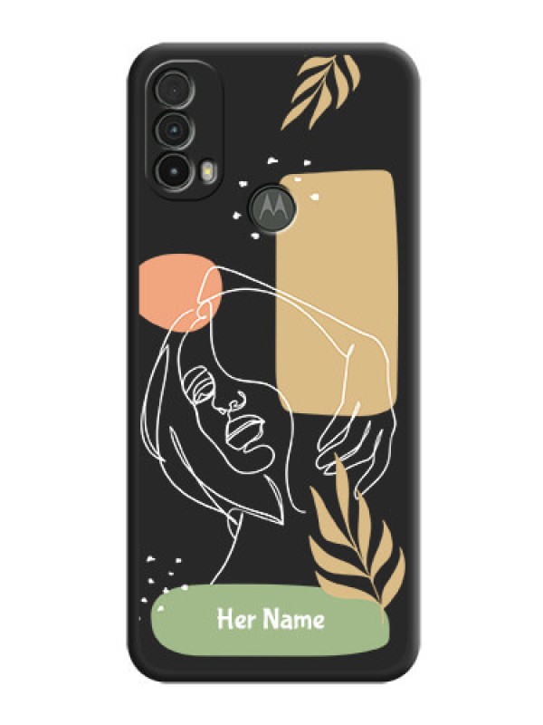 Custom Custom Text With Line Art Of Women & Leaves Design On Space Black Personalized Soft Matte Phone Covers -Motorola Moto E40
