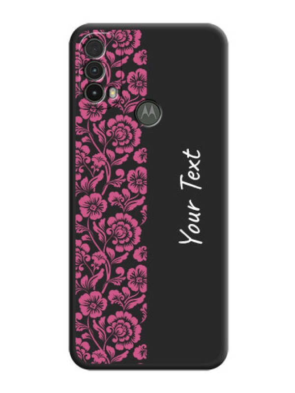 Custom Pink Floral Pattern Design With Custom Text On Space Black Personalized Soft Matte Phone Covers -Motorola Moto E40