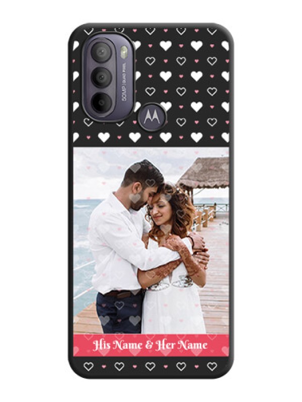 Custom White Color Love Symbols with Text Design on Photo on Space Black Soft Matte Phone Cover - Moto G31