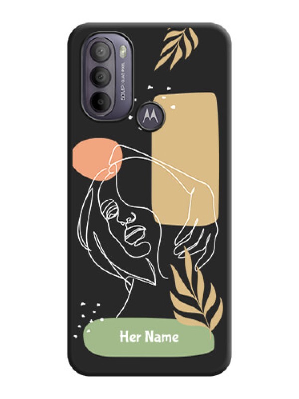 Custom Custom Text With Line Art Of Women & Leaves Design On Space Black Personalized Soft Matte Phone Covers -Motorola Moto G31