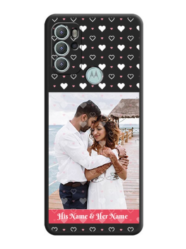 Custom White Color Love Symbols with Text Design on Photo on Space Black Soft Matte Phone Cover - Moto G60s