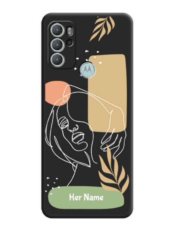 Custom Custom Text With Line Art Of Women & Leaves Design On Space Black Personalized Soft Matte Phone Covers -Motorola Moto G60S