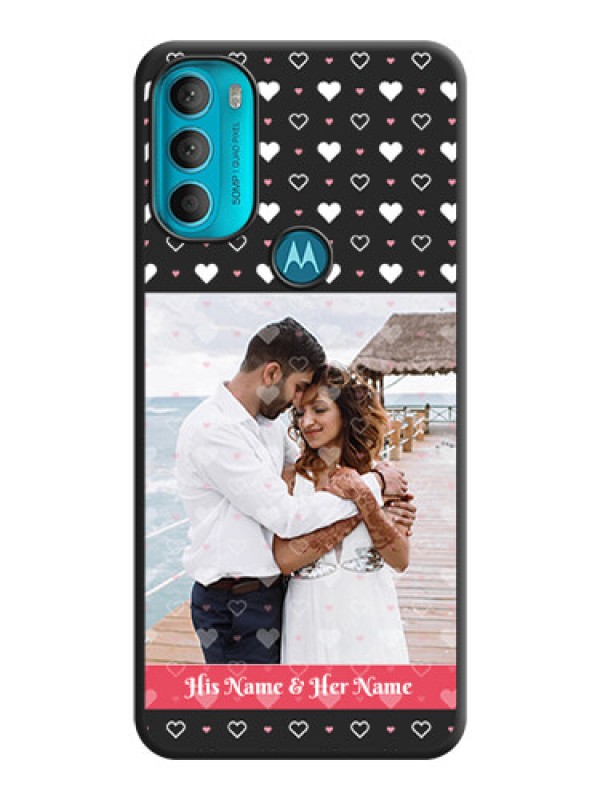 Custom White Color Love Symbols with Text Design on Photo on Space Black Soft Matte Phone Cover - Moto G71 5G