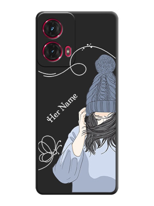 Custom Girl With Blue Winter Outfiit Custom Text Design On Space Black Custom Soft Matte Mobile Back Cover - Motorola Moto G85 5G