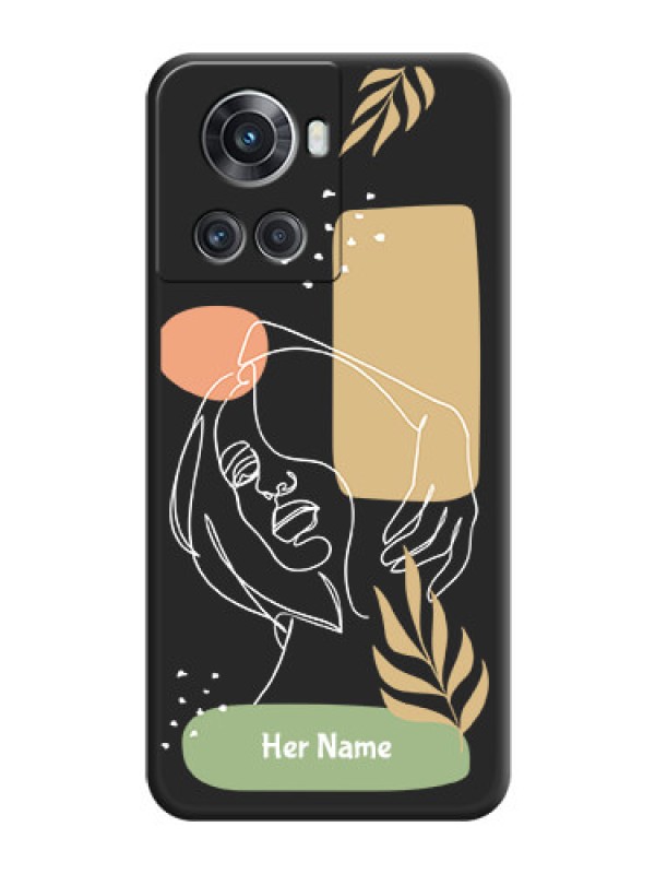 Custom Custom Text With Line Art Of Women & Leaves Design On Space Black Personalized Soft Matte Phone Covers -Oneplus 10R 5G