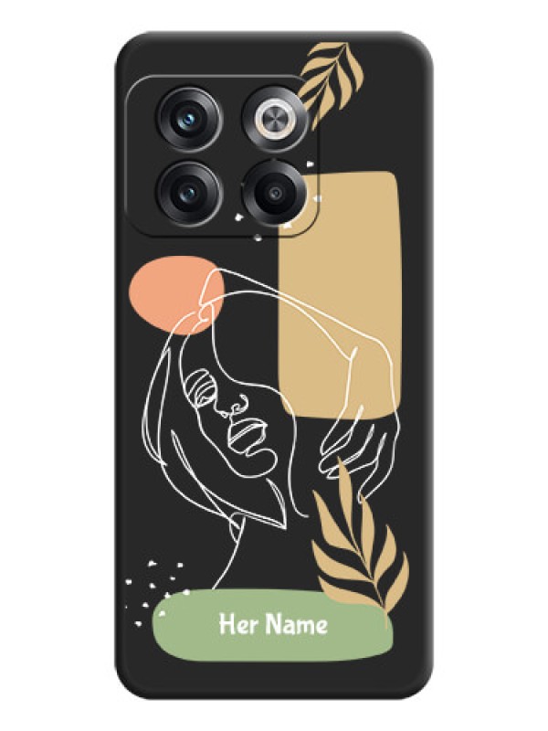 Custom Custom Text With Line Art Of Women & Leaves Design On Space Black Personalized Soft Matte Phone Covers -Oneplus 10T 5G