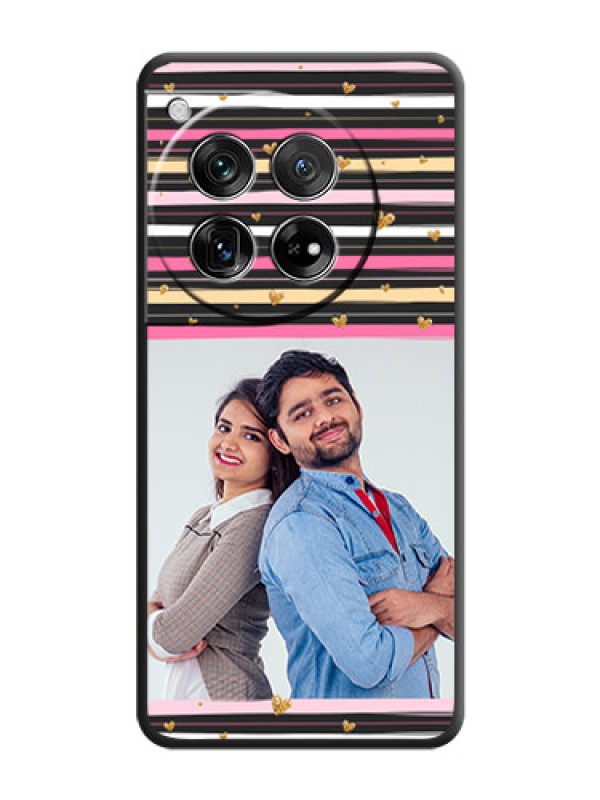 Custom Multicolor Lines and Golden Love Symbols Design on Photo On Space Black Custom Soft Matte Mobile Back Cover - OnePlus 12 5G