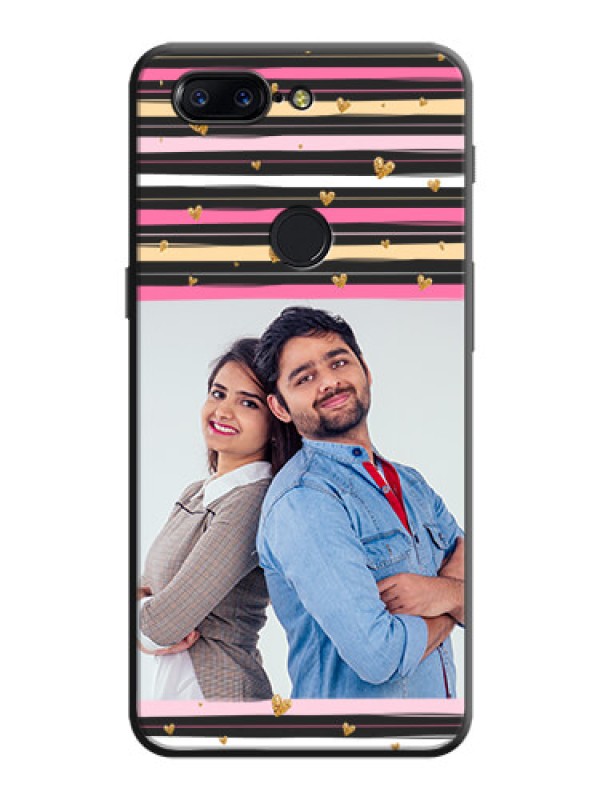 Custom Multicolor Lines and Golden Love Symbols Design - Photo on Space Black Soft Matte Mobile Cover - OnePlus 5T