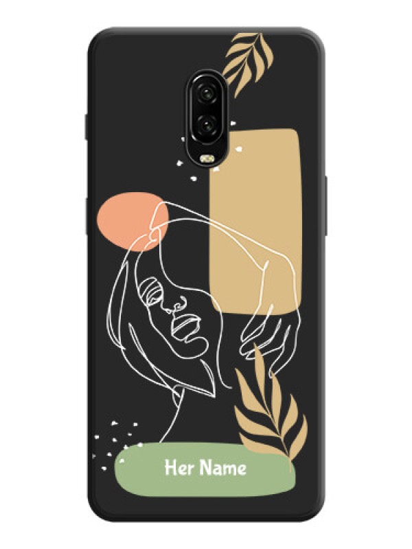 Custom Custom Text With Line Art Of Women & Leaves Design On Space Black Personalized Soft Matte Phone Covers -Oneplus 6T