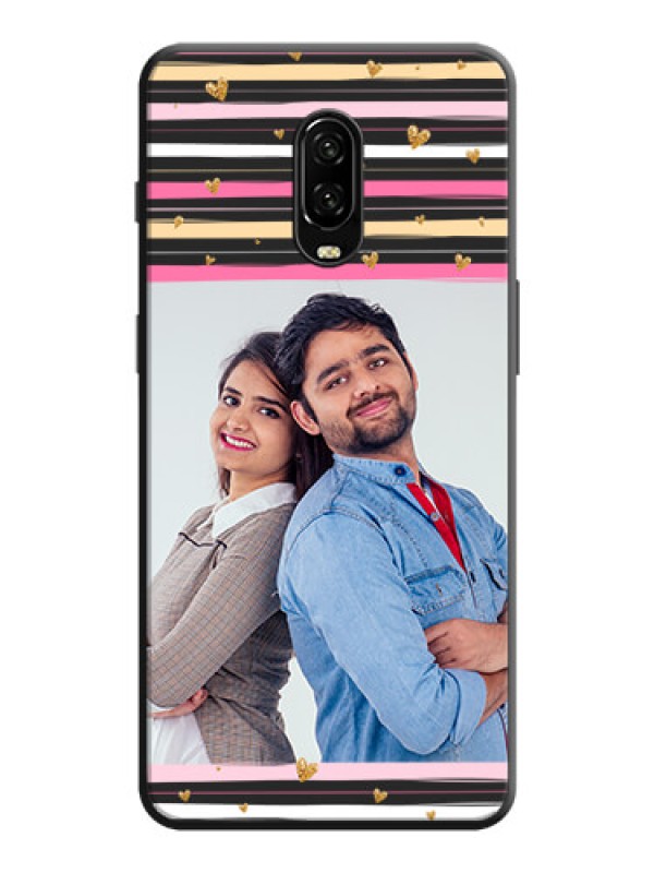 Custom Multicolor Lines and Golden Love Symbols Design on Photo on Space Black Soft Matte Mobile Cover - OnePlus 7