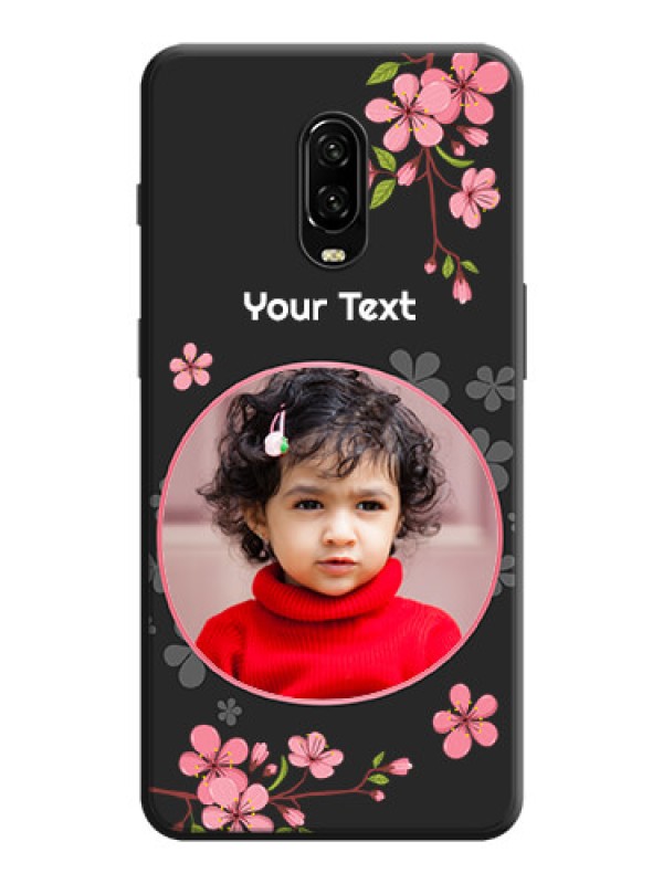 Custom Round Image with Pink Color Floral Design on Photo on Space Black Soft Matte Back Cover - OnePlus 7