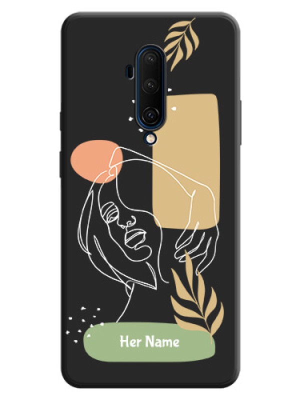 Custom Custom Text With Line Art Of Women & Leaves Design On Space Black Personalized Soft Matte Phone Covers -Oneplus 7T Pro