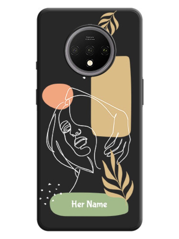 Custom Custom Text With Line Art Of Women & Leaves Design On Space Black Personalized Soft Matte Phone Covers -Oneplus 7T