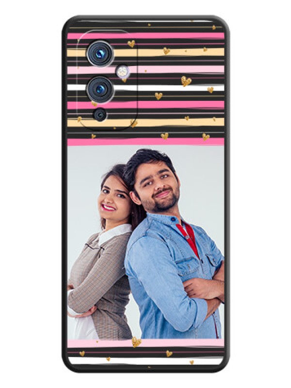 Custom Multicolor Lines and Golden Love Symbols Design on Photo on Space Black Soft Matte Mobile Cover - Oneplus 9 5G