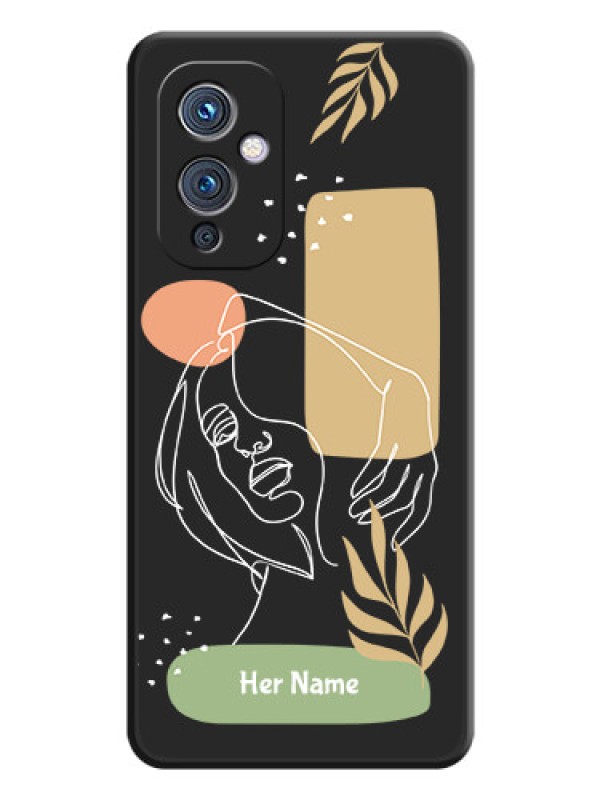 Custom Custom Text With Line Art Of Women & Leaves Design On Space Black Personalized Soft Matte Phone Covers -Oneplus 9 5G