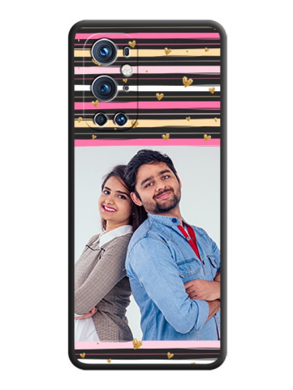 Custom Multicolor Lines and Golden Love Symbols Design on Photo on Space Black Soft Matte Mobile Cover - Oneplus 9 Pro 5G
