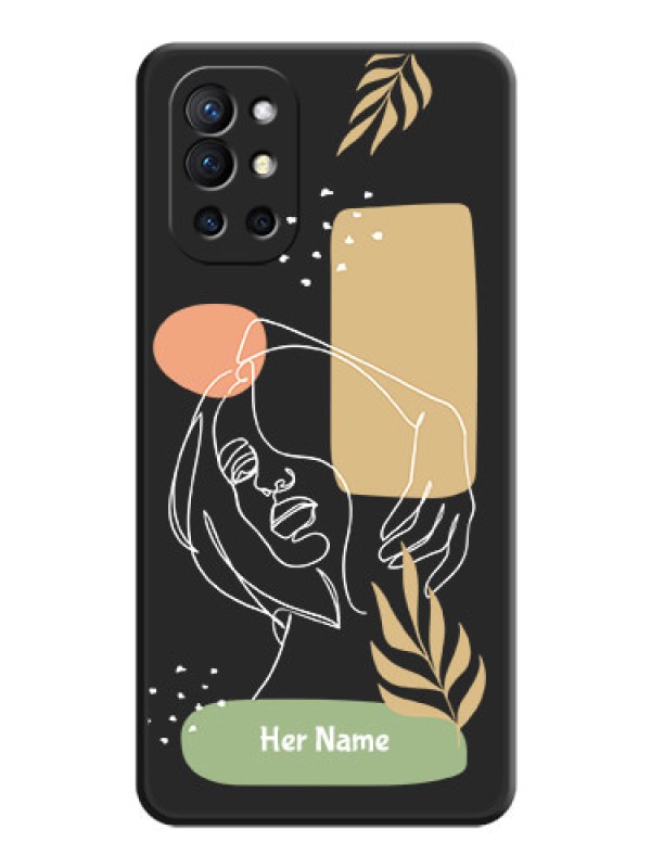 Custom Custom Text With Line Art Of Women & Leaves Design On Space Black Personalized Soft Matte Phone Covers -Oneplus 9R 5G