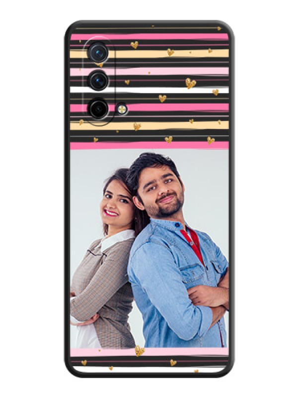 Custom Multicolor Lines and Golden Love Symbols Design on Photo on Space Black Soft Matte Mobile Cover - Oneplus Nord Ce 5G