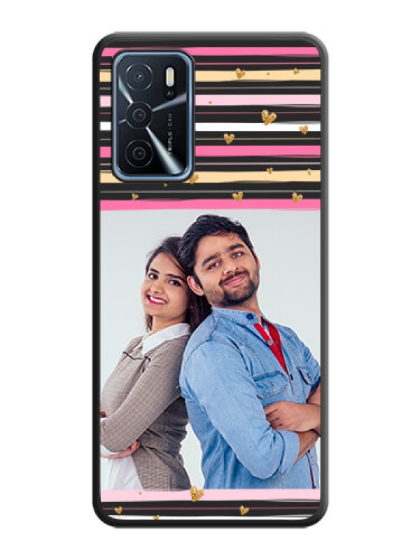 Custom Multicolor Lines and Golden Love Symbols Design on Photo on Space Black Soft Matte Mobile Cover - Oppo A16