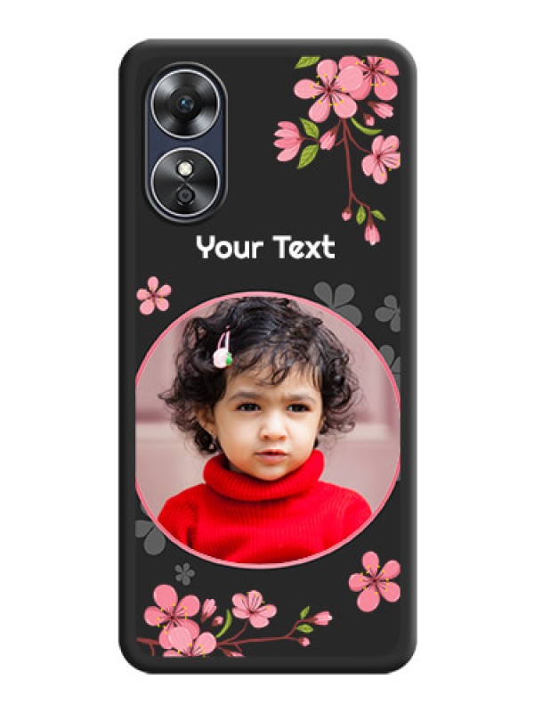 Custom Round Image with Pink Color Floral Design on Photo on Space Black Soft Matte Back Cover - Oppo A17