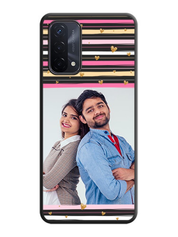 Custom Multicolor Lines and Golden Love Symbols Design on Photo on Space Black Soft Matte Mobile Cover - Oppo A74 5G