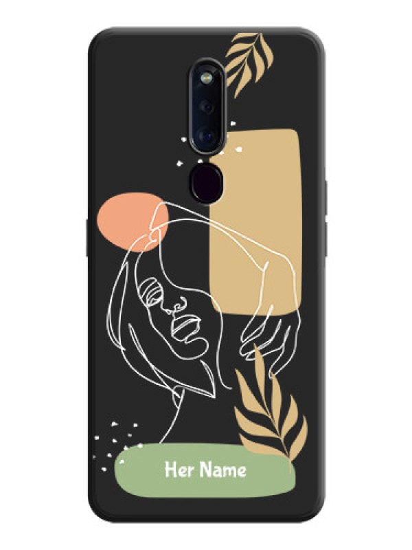 Custom Custom Text With Line Art Of Women & Leaves Design On Space Black Personalized Soft Matte Phone Covers -Oppo F11 Pro