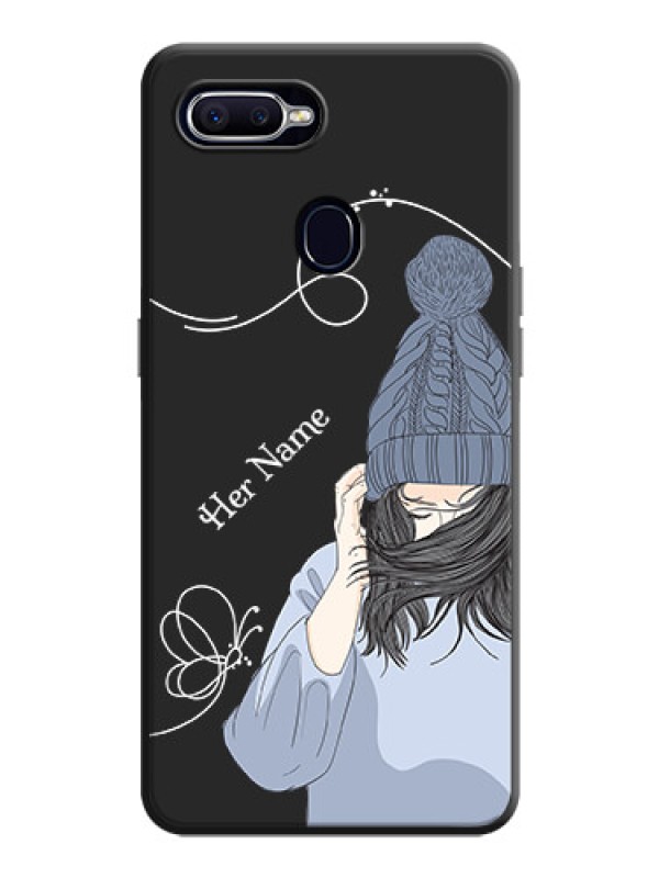 Custom Girl With Blue Winter Outfiit Custom Text Design On Space Black Personalized Soft Matte Phone Covers -Oppo F9 Pro
