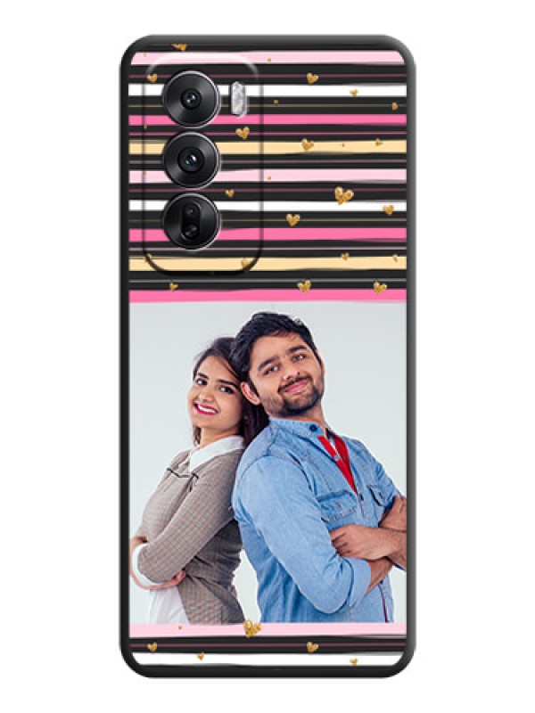 Custom Multicolor Lines and Golden Love Symbols Design on Photo On Space Black Custom Soft Matte Mobile Back Cover - Oppo Reno 12 5G