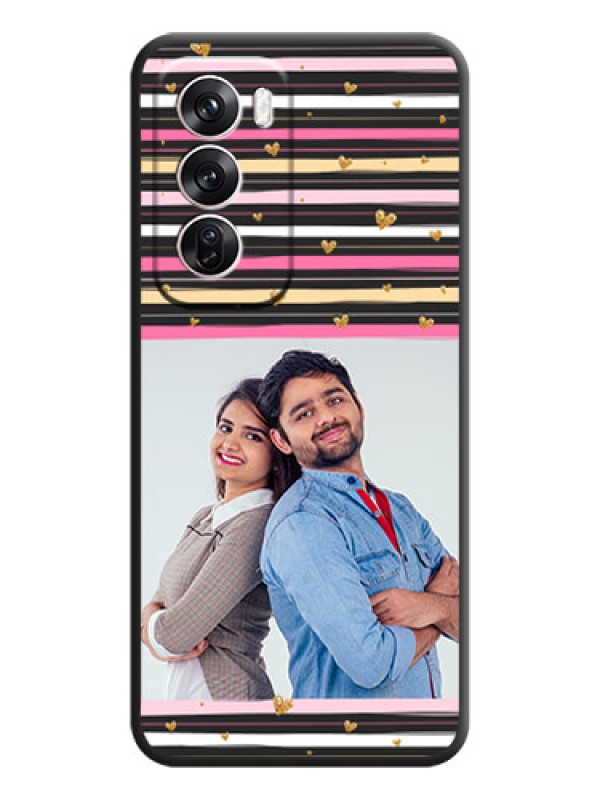 Custom Multicolor Lines and Golden Love Symbols Design on Photo On Space Black Custom Soft Matte Mobile Back Cover - Oppo Reno 12 Pro 5G