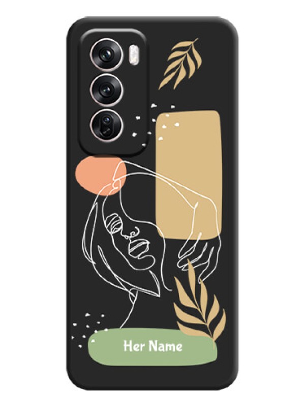 Custom Custom Text With Line Art Of Women & Leaves Design On Space Black Custom Soft Matte Mobile Back Cover - Oppo Reno 12 Pro 5G