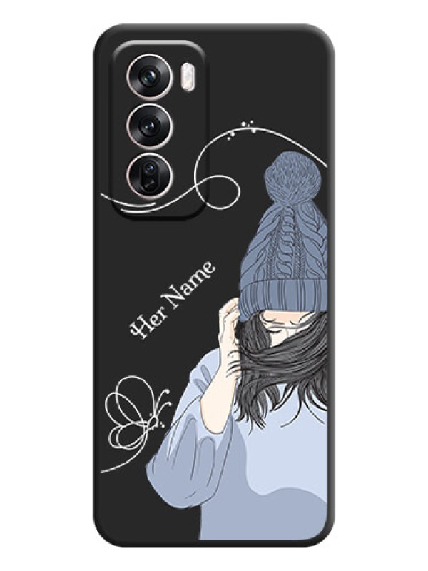 Custom Girl With Blue Winter Outfiit Custom Text Design On Space Black Custom Soft Matte Mobile Back Cover - Oppo Reno 12 Pro 5G