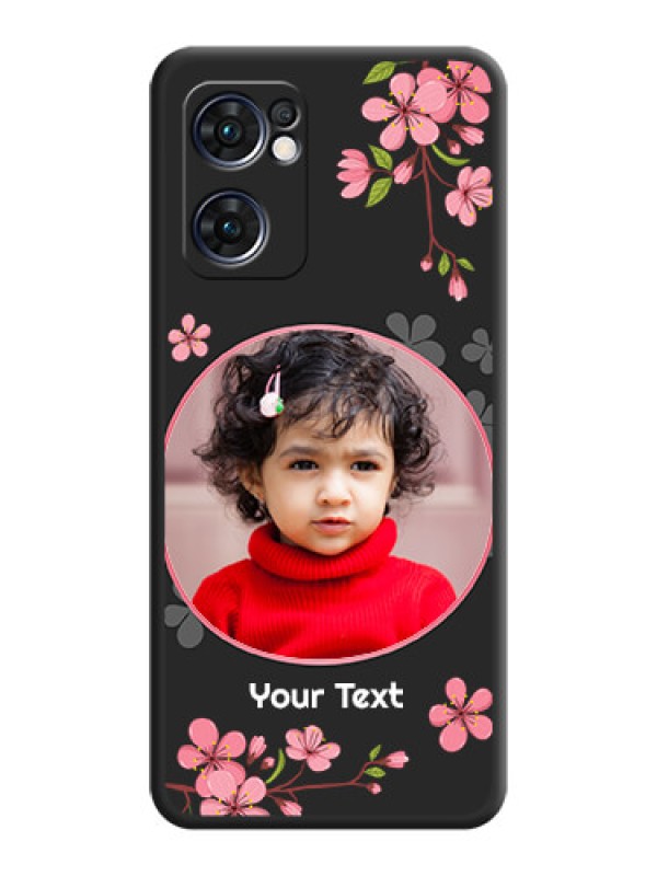Custom Round Image with Pink Color Floral Design on Photo on Space Black Soft Matte Back Cover - Oppo Reno 7 5G