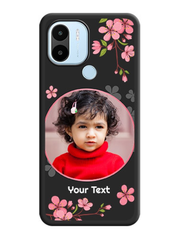 Custom Round Image with Pink Color Floral Design on Photo on Space Black Soft Matte Back Cover - Poco C50