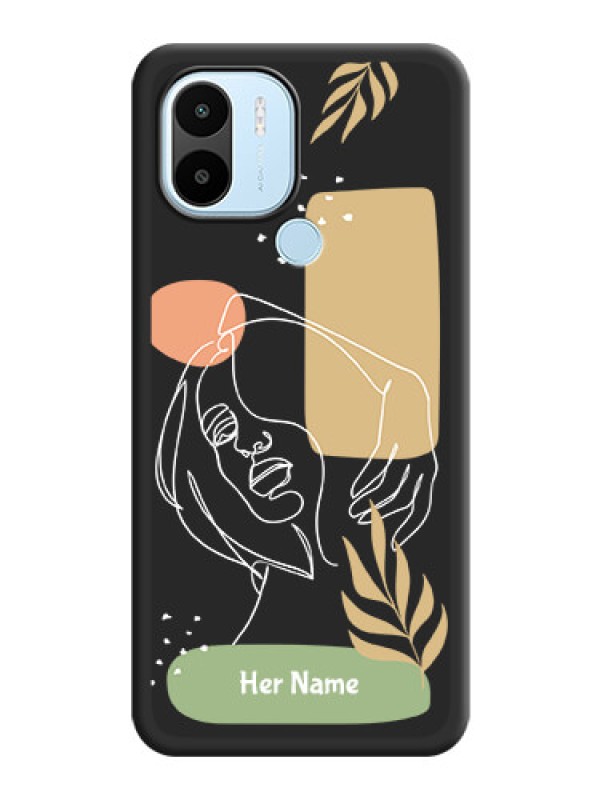 Custom Custom Text With Line Art Of Women & Leaves Design On Space Black Personalized Soft Matte Phone Covers -Poco C50