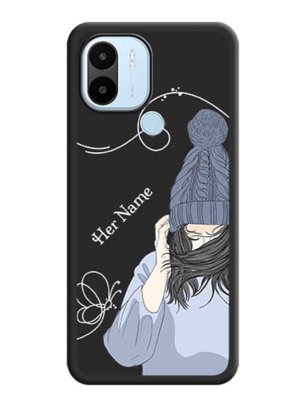 Custom Girl With Blue Winter Outfiit Custom Text Design On Space Black Personalized Soft Matte Phone Covers -Poco C50