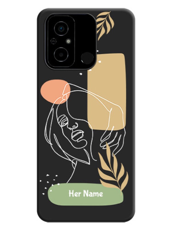 Custom Custom Text With Line Art Of Women & Leaves Design On Space Black Personalized Soft Matte Phone Covers -Poco C55