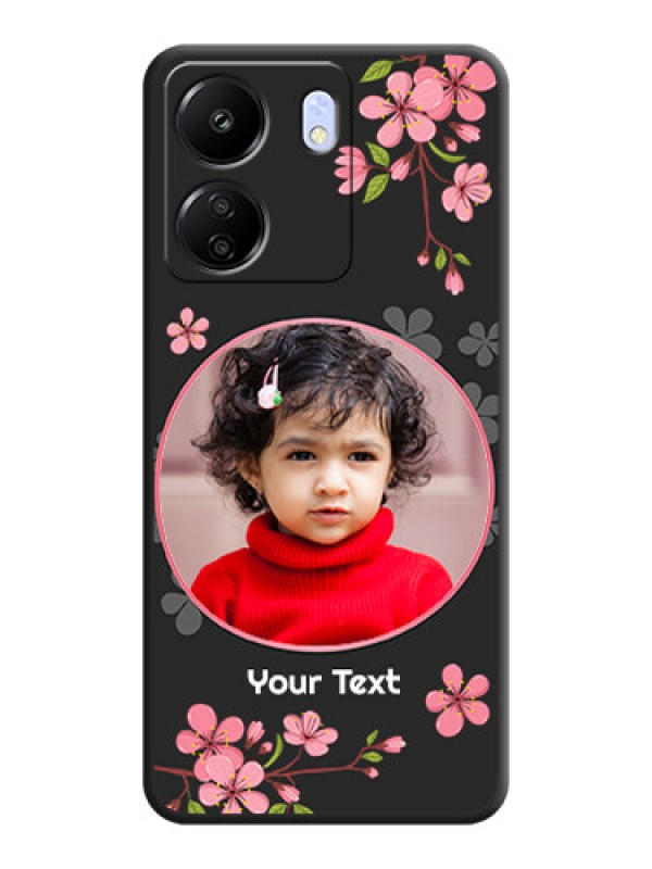 Custom Round Image with Pink Color Floral Design on Photo On Space Black Custom Soft Matte Mobile Back Cover - Poco C65