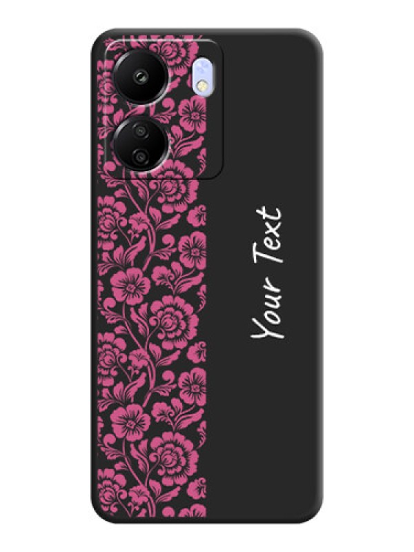 Custom Pink Floral Pattern Design With Custom Text On Space Black Custom Soft Matte Mobile Back Cover - Poco C65