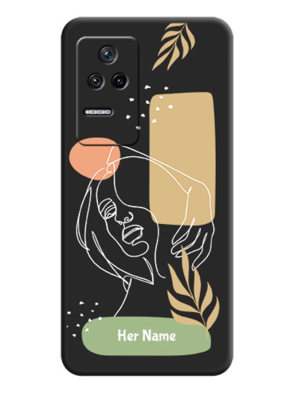 Custom Custom Text With Line Art Of Women & Leaves Design On Space Black Personalized Soft Matte Phone Covers -Poco F4 5G