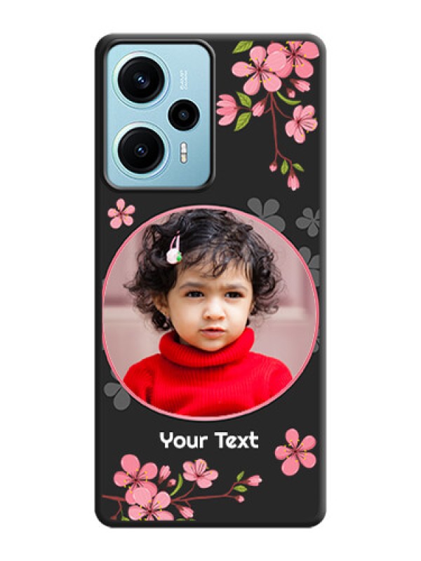 Custom Round Image with Pink Color Floral Design on Photo On Space Black Custom Soft Matte Mobile Back Cover - Poco F5