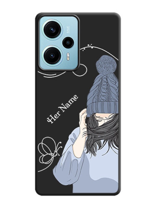 Custom Girl With Blue Winter Outfiit Custom Text Design On Space Black Custom Soft Matte Mobile Back Cover - Poco F5