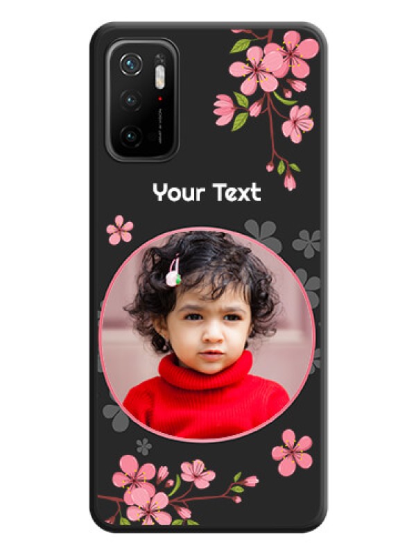 Custom Round Image with Pink Color Floral Design on Photo on Space Black Soft Matte Back Cover - Poco M3 Pro